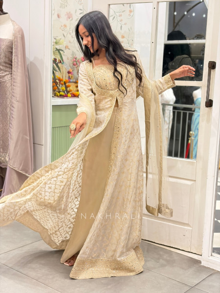 Kanakriti Beige Banarasi Tissue Silk – Indo-Western Suit Set