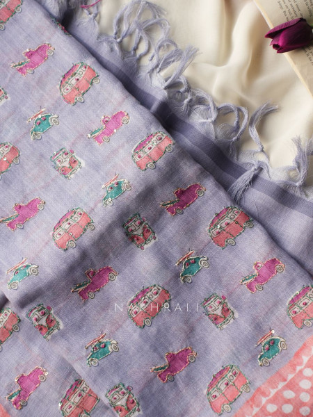 Moksha Purple Quirky Motif Dress Material with Embroidered Detail