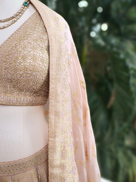 Aureline Rose Gold Dola Silk Lehenga Set with Gota Patti and Banarasi Detailing