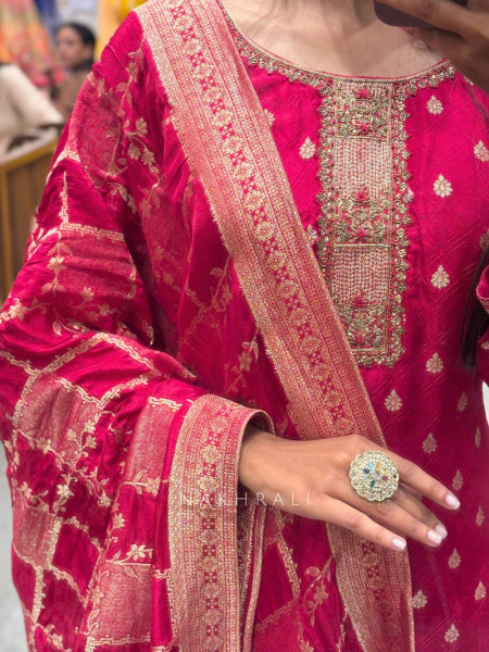 Aaradhya Maroon Kurta Palazzo Set with Zari Work & Brocade Dupatta