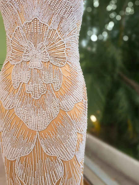 Yvonne Beige Embellished Evening Gown with Pearl Work