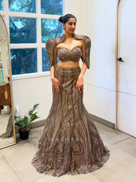 Ivory Whisper Grey Indo-Western Lehenga with Beads and Cut Dana Work