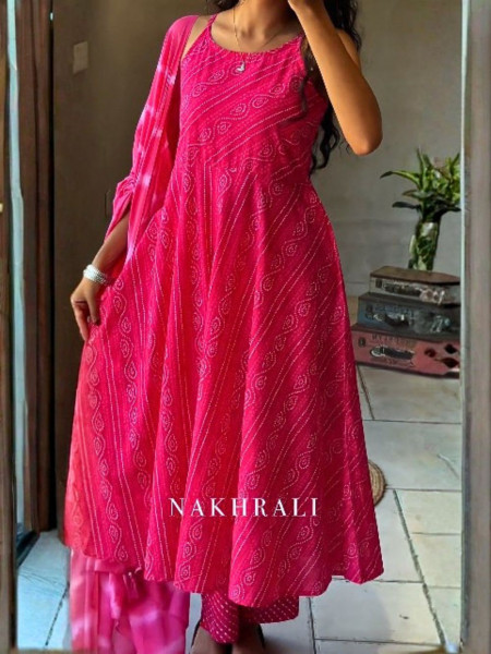Meadow Magenta Cotton Suit Set with Bandhani Print
