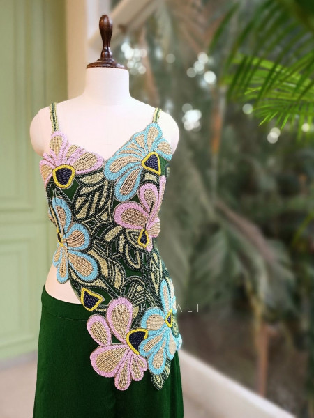 Yevira Green Bead Embellished Crop Top Palazzo Set with Dupatta