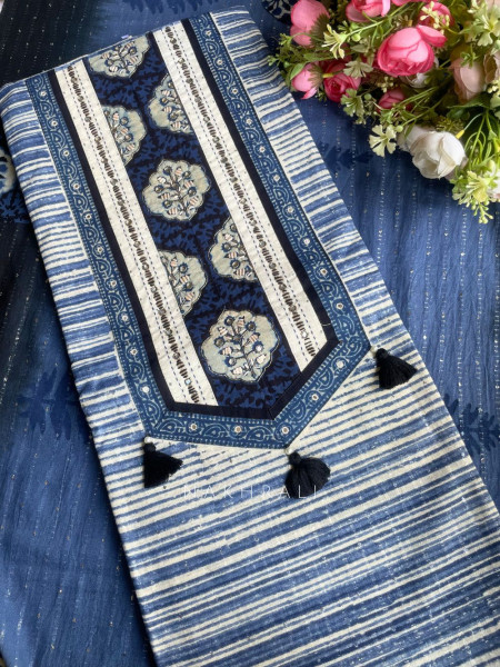 Zorina Blue Printed Dress Material with Tassel Detail