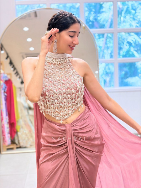 Ruched Pink Halter Neck Crop Top Skirt Set with Cut Dana, Pearl and Bead Work