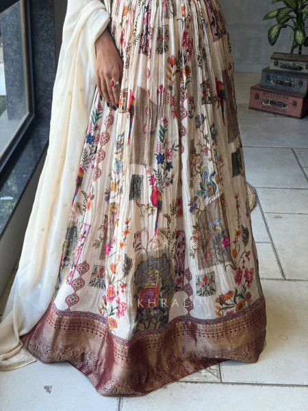 Zarvella Cream Anarkali with Artistic Printed Work and Dupatta