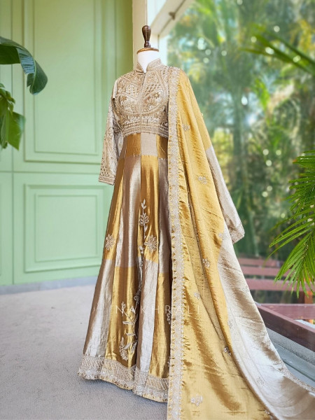 Zareen Golden Sequin & Zari Embroidered Anarkali Suit Set