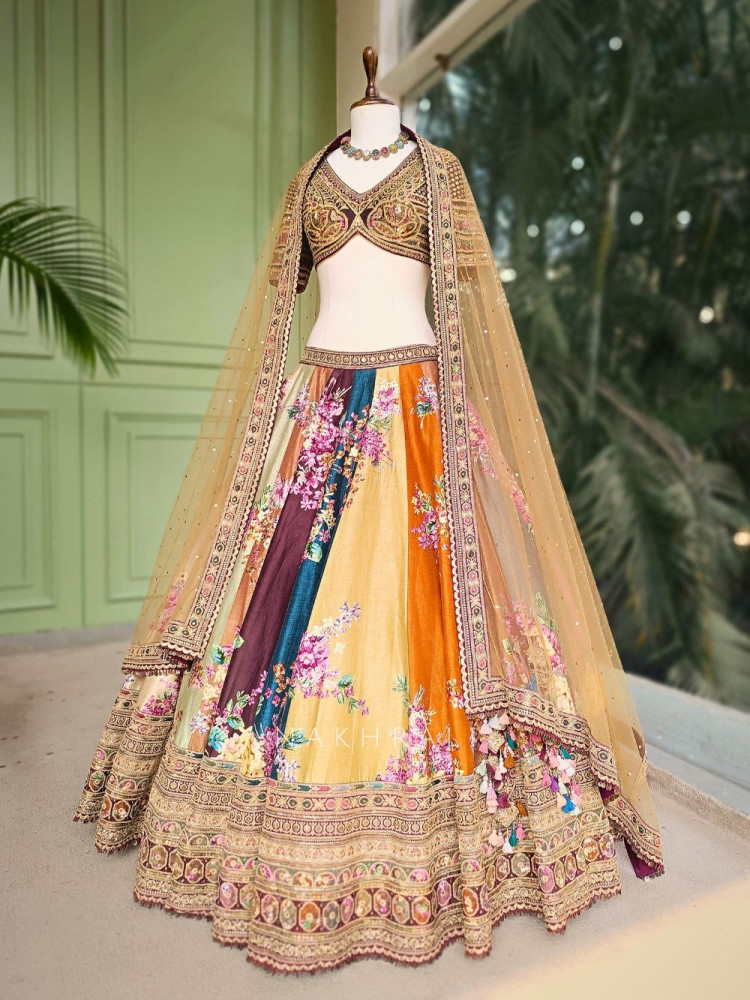 Image of Elysian Mosaic Multicolor Floral Lehenga with Zari and Thread Work