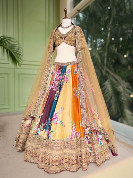 Elysian Mosaic Multicolor Floral Lehenga with Zari and Thread Work