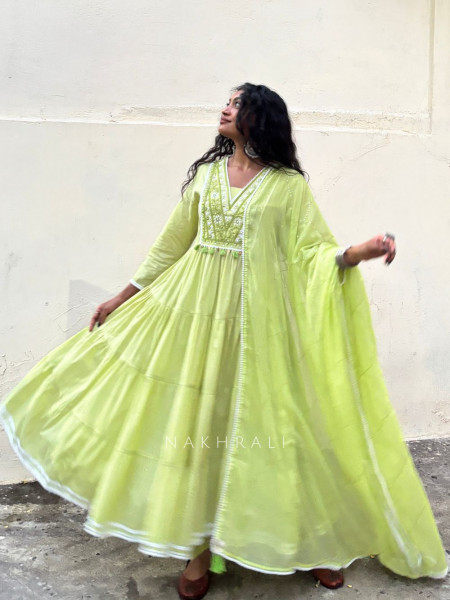 Sutra Green Anarkali Suit Set with Thread Embroidery and Dupatta