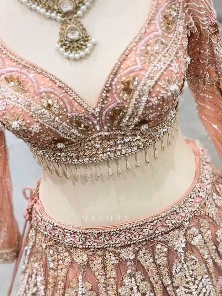 Cosmic Peach Net Lehenga with Beads Sequin and Pearl Work