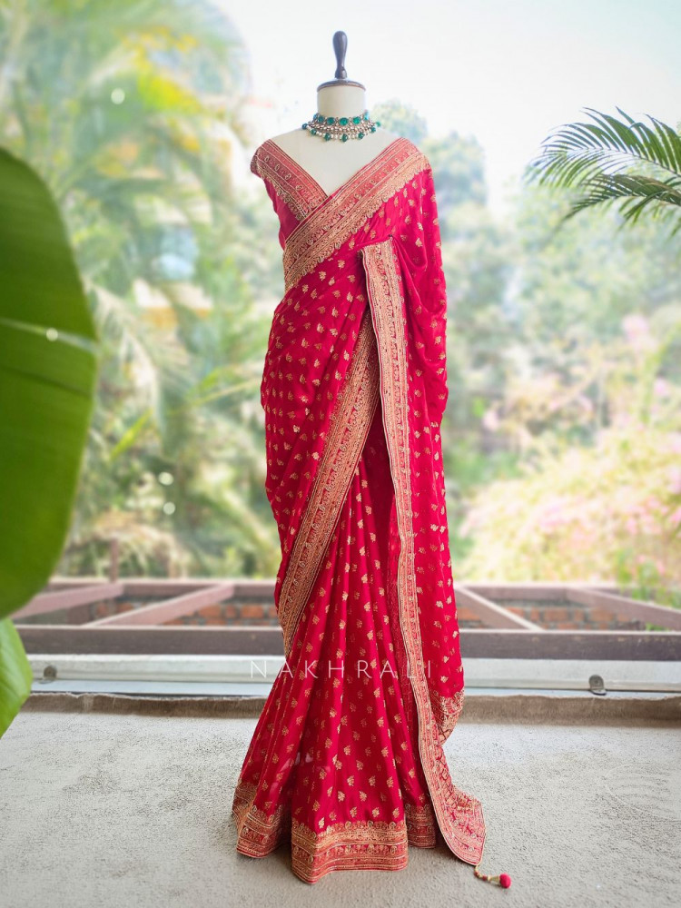 Image of Ratnavali Red Georgette Silk Saree with Woven Border