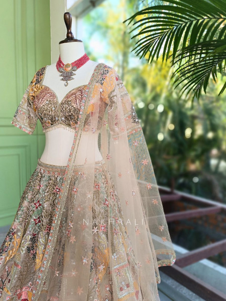 Kachhi dori Beige Lehenga Set with Sequin Thread Embroidery