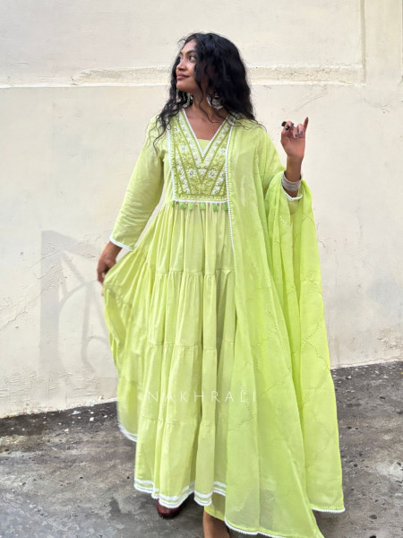 Sutra Green Anarkali Suit Set with Thread Embroidery and Dupatta