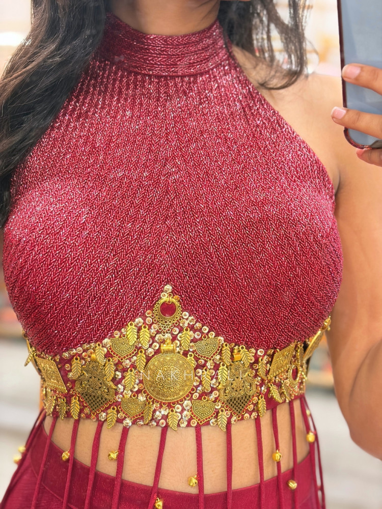 Image of Medallion Red Lurex &amp; Silk-Satin/Georgette Blend – Indo-Western Palazzo Set