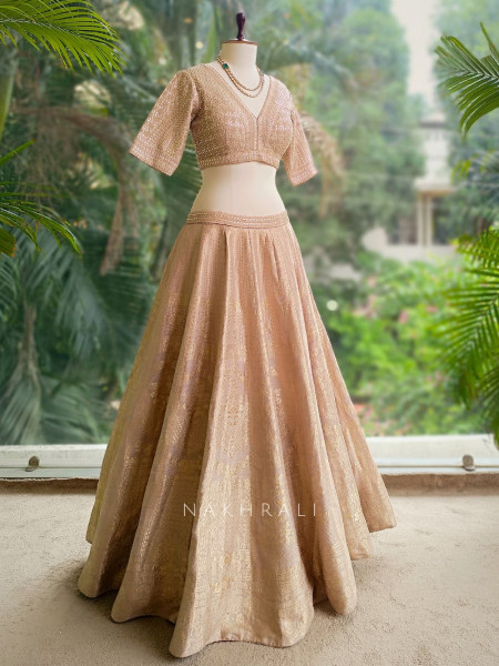 Aureline Rose Gold Dola Silk Lehenga Set with Gota Patti and Banarasi Detailing
