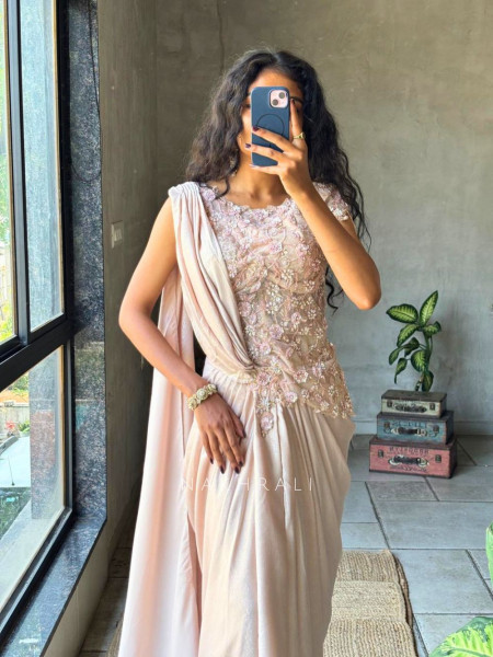 Noctra Glow Rose Gold Ready-to-Drape Saree