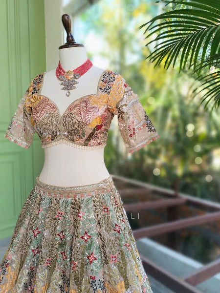 Kachhi dori Beige Lehenga Set with Sequin Thread Embroidery