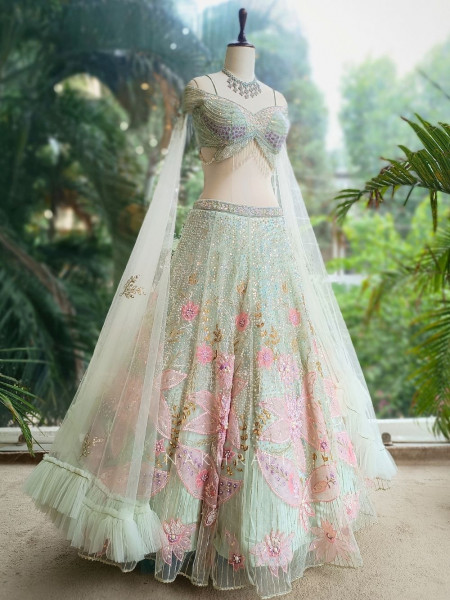 Aveline Pista Green Bridal Lehenga with Sequin & Pearl Detailing