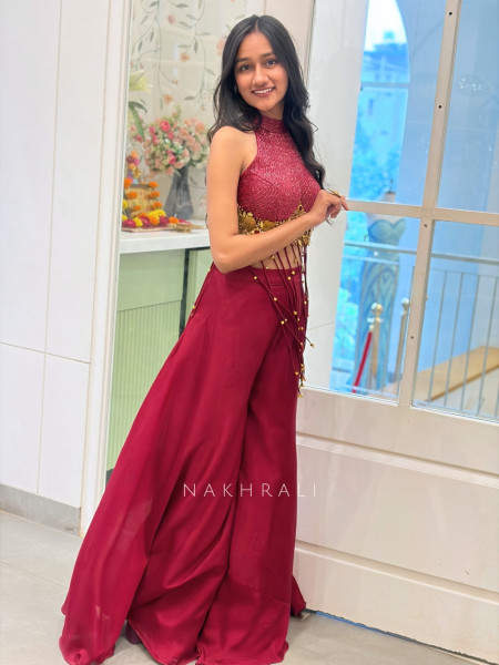 Medallion Red Lurex & Silk-Satin/Georgette Blend – Indo-Western Palazzo Set