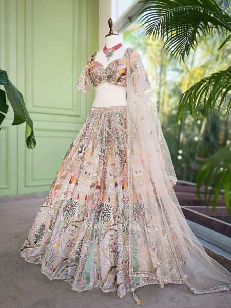 Kachhi dori Beige Lehenga Set with Sequin Thread Embroidery