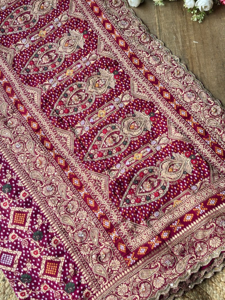 Nayan-noor wine Bandhani Saree with Zari Weave