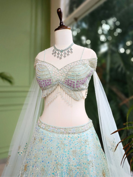 Aveline Pista Green Bridal Lehenga with Sequin & Pearl Detailing