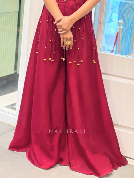 Medallion Red Lurex & Silk-Satin/Georgette Blend – Indo-Western Palazzo Set