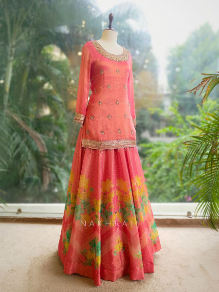 Sunhera Gajari Silk Kurta & Skirt Set with Zari Zardozi Work