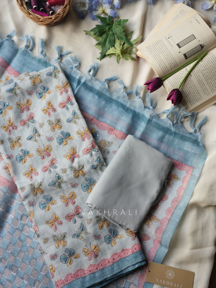 Image of Moksha Grey Quirky Motif Dress Material with Embroidered Detail
