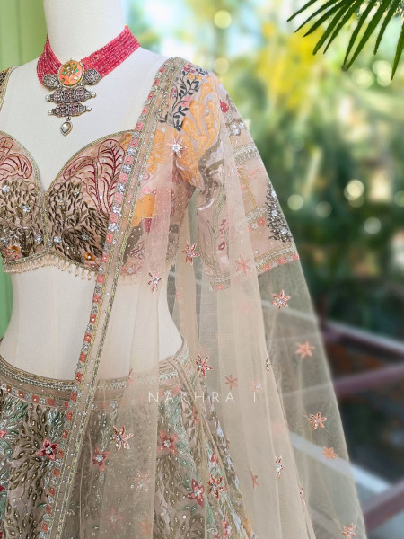 Kachhi dori Beige Lehenga Set with Sequin Thread Embroidery