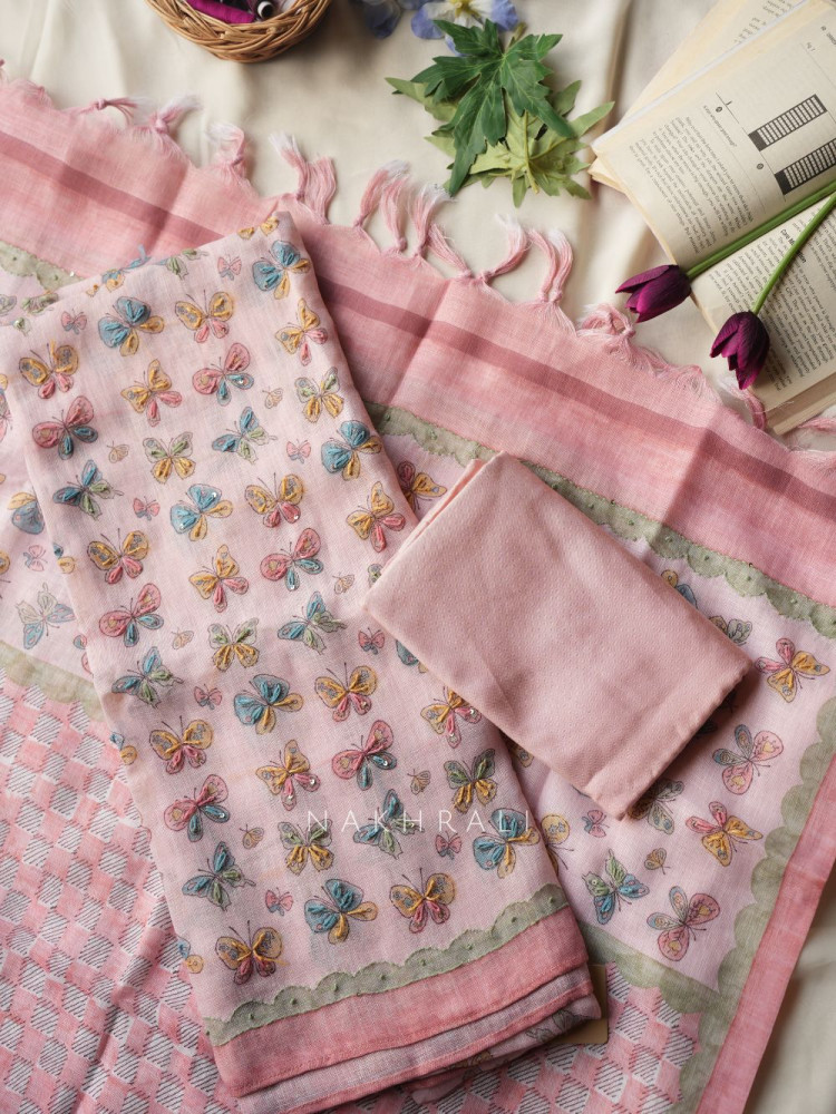 Image of Moksha Pink Quirky Motif Dress Material with Embroidered Detail