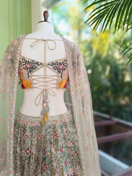 Kachhi dori Beige Lehenga Set with Sequin Thread Embroidery