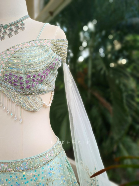 Aveline Pista Green Bridal Lehenga with Sequin & Pearl Detailing