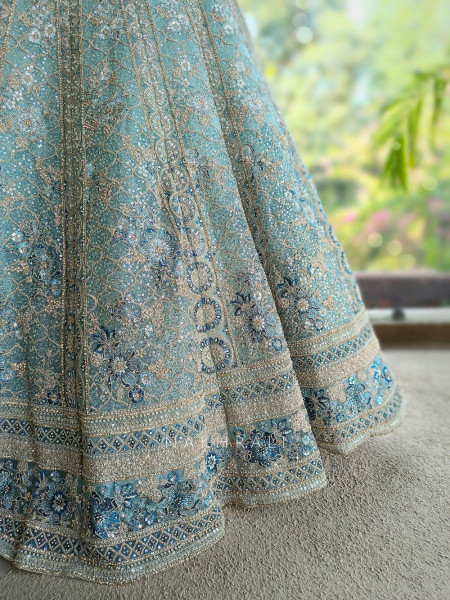 Shobhita Pista Green Net Lehenga with Sequin Thread and Pearl Work