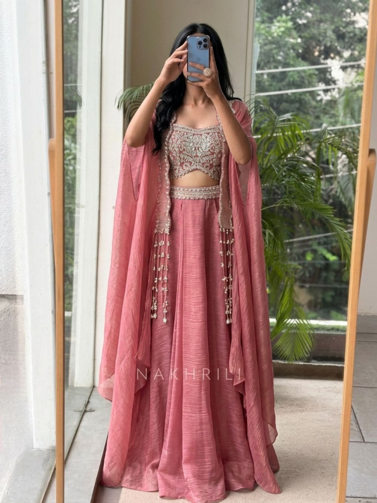 Image of Sehar Onion Pink Crushed Organza Indo-Western Crop Top Skirt Set