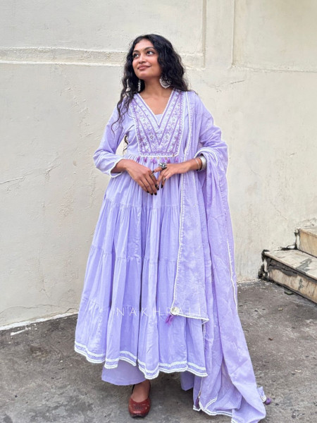 Sutra Purple Anarkali Suit Set with Thread Embroidery and Dupatta