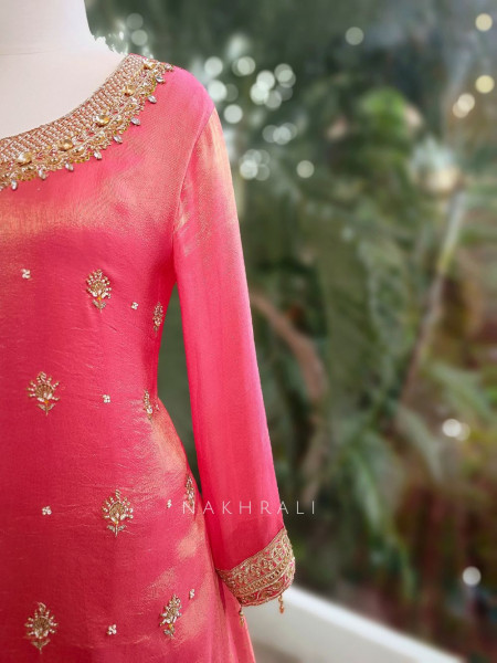 Sunhera Gajari Silk Kurta & Skirt Set with Zari Zardozi Work