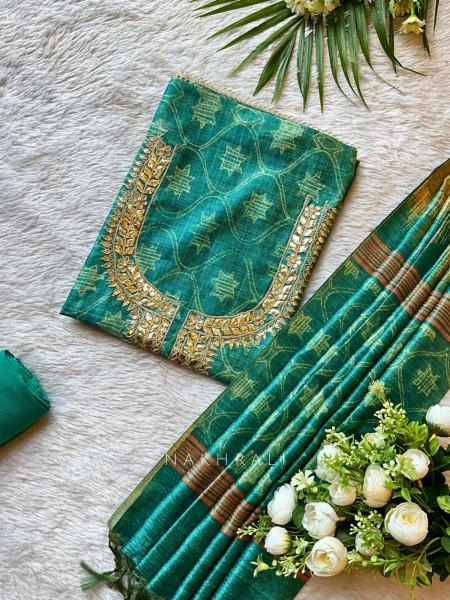 Aarvika Blue Silk Dress Material with Zari & Sequin Neck Work