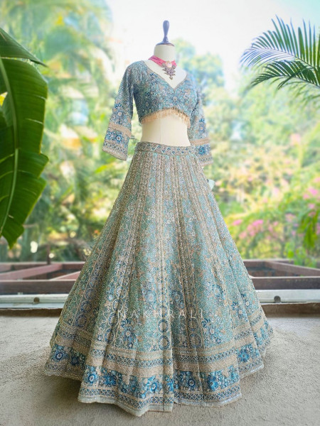 Shobhita Pista Green Net Lehenga with Sequin Thread and Pearl Work