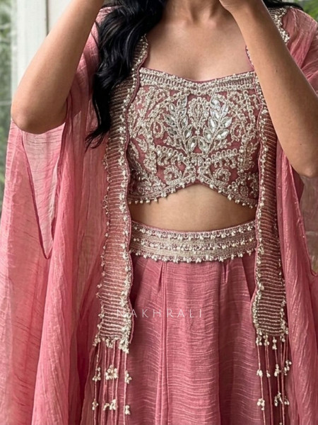 Sehar Onion Pink Crushed Organza Indo-Western Crop Top Skirt Set