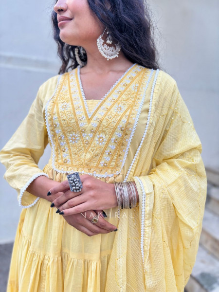 Sutra Yellow  Anarkali Suit Set with Thread Embroidery and Dupatta