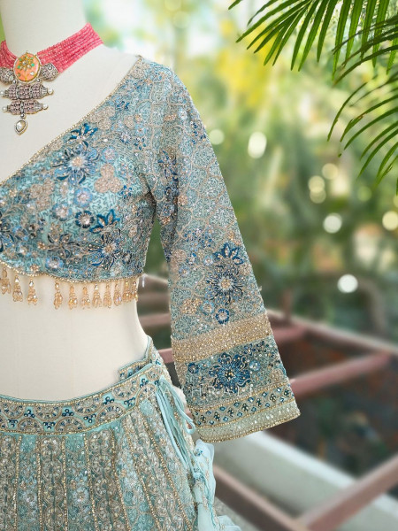 Shobhita Pista Green Net Lehenga with Sequin Thread and Pearl Work