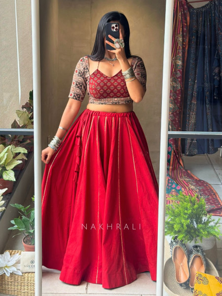 Jalsa Red Cotton Chaniya Choli with Gota Detailing