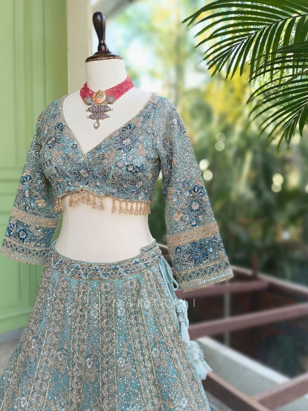Shobhita Pista Green Net Lehenga with Sequin Thread and Pearl Work