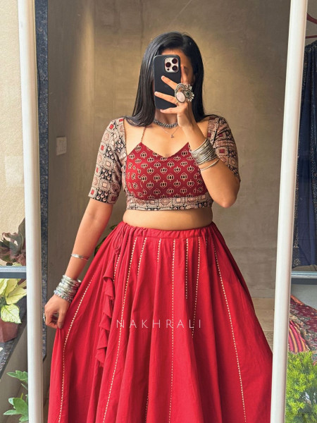 Jalsa Red Cotton Chaniya Choli with Gota Detailing