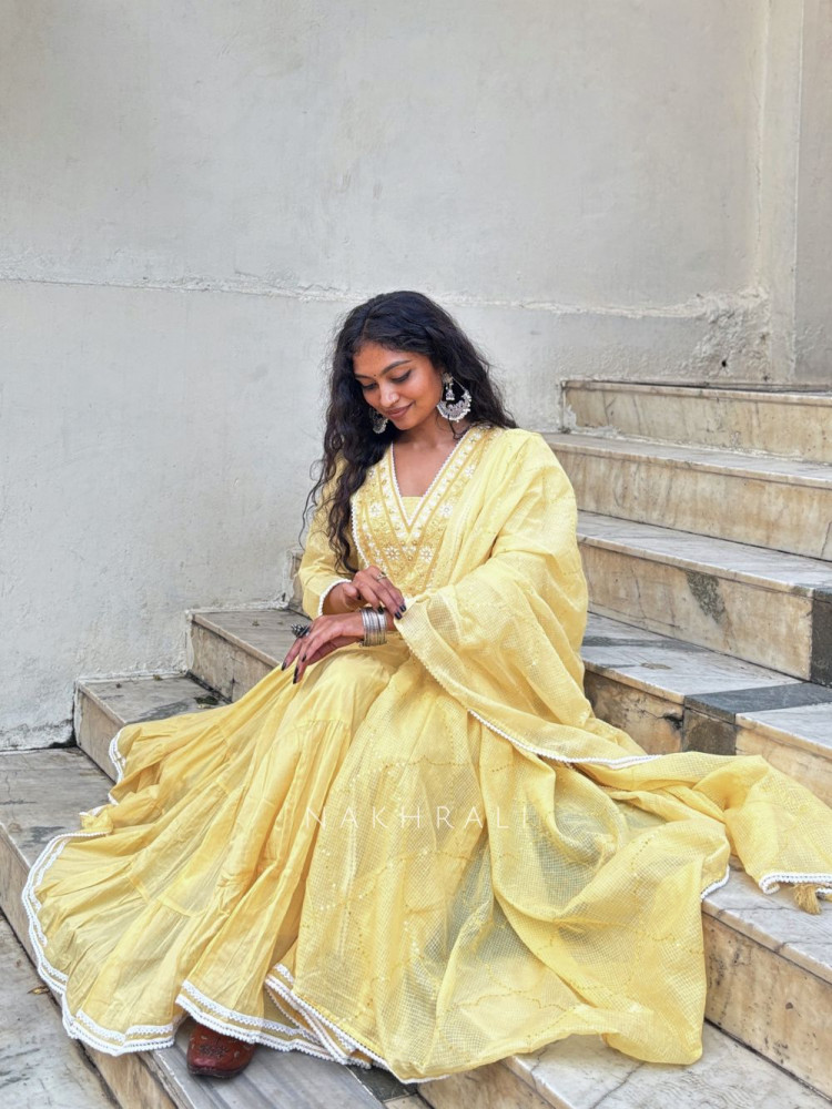 Image of Sutra Yellow  Anarkali Suit Set with Thread Embroidery and Dupatta