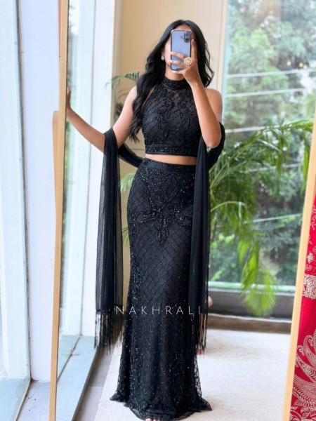 Shabnam Onyx Hand-Beaded Black Indo Western Lehenga