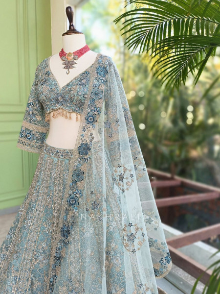 Shobhita Pista Green Net Lehenga with Sequin Thread and Pearl Work